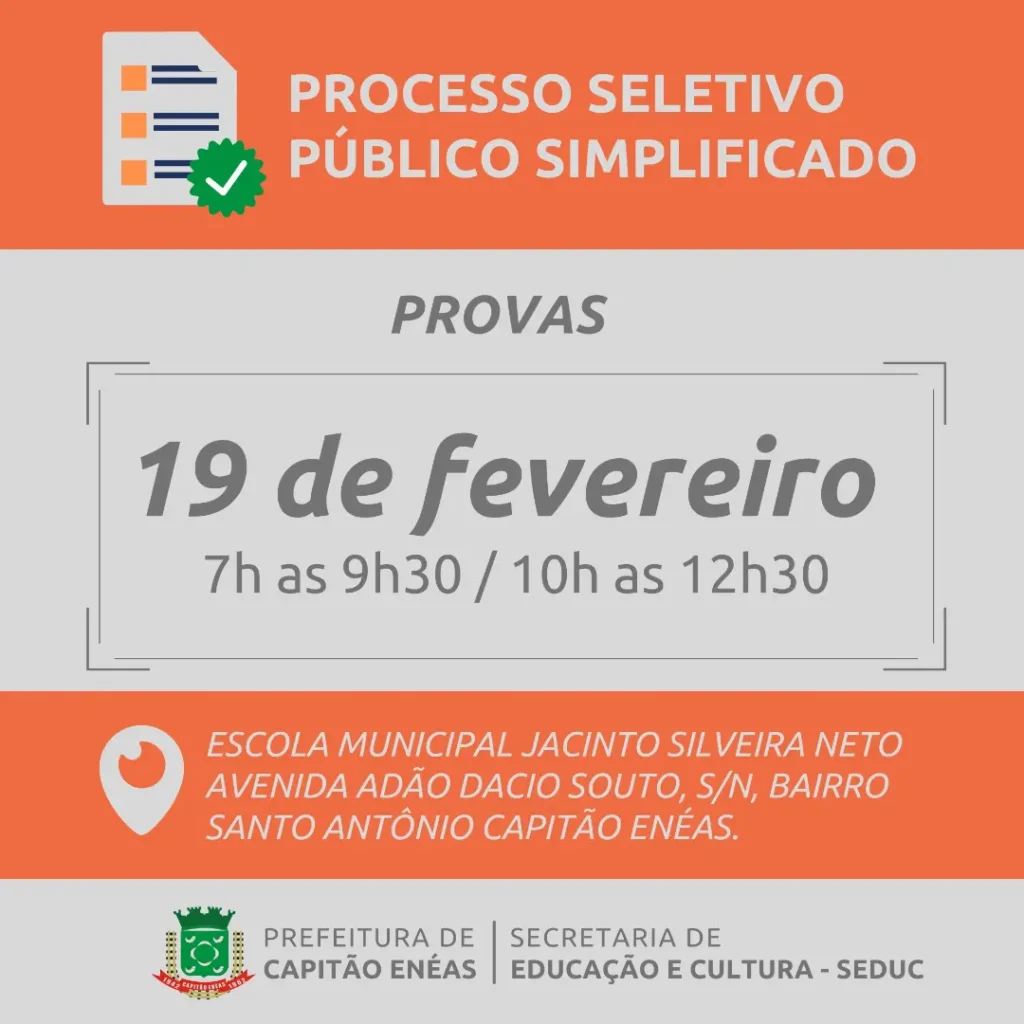 Confira a data, local, e horário da aplicação das provas do Processo Seletivo Público Simplificado