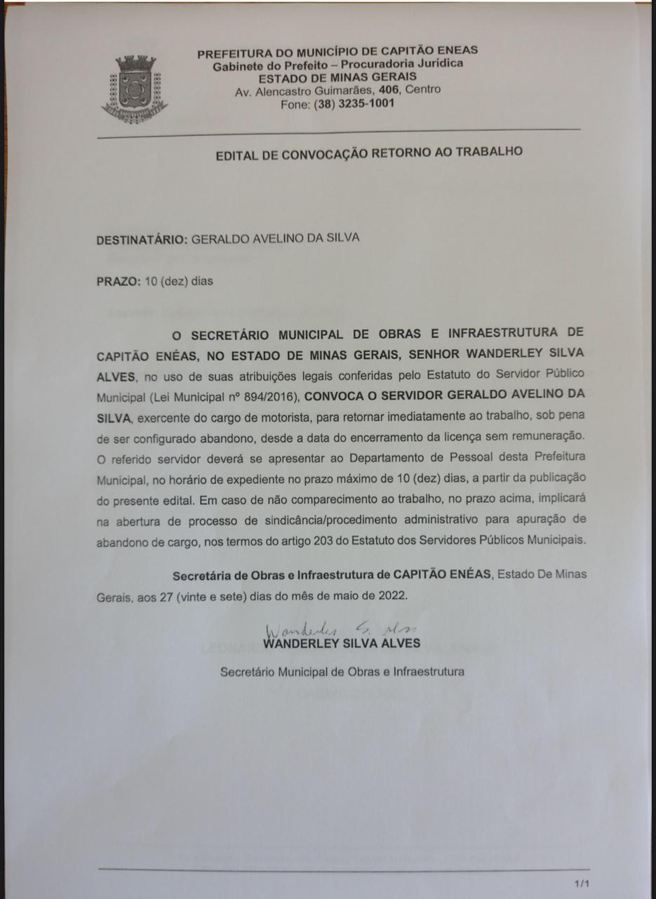 EDITAL DE CONVOCAÇÃO RETORNO AO TRABALHO