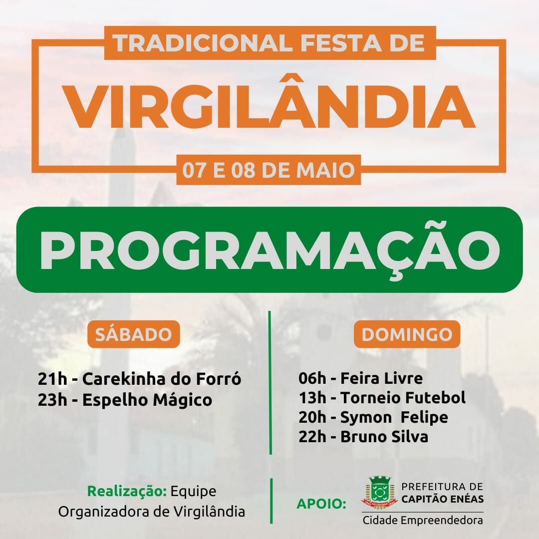 Nos dias 7 e 8 (sábado e domingo), acontece a tradicional festa de Virgilândia.